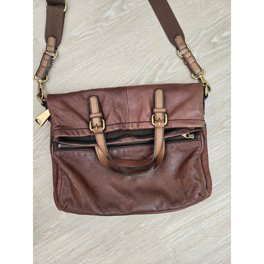 Fossil Explorer Leather Foldover Brown Crossbody Bag Messenger Satchel - Picture 4 of 13